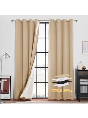 New Open Box 2pan W52”xL108” Beige RYB 100% Blackout Curtains Noise Reducing